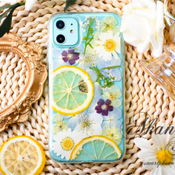 レモンと花のしずく 押し花 スマホケース 押し花スマホケース 全機種対応 iPhone 16 15 14 Galaxy 8枚目の画像