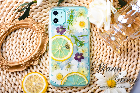 レモンと花のしずく 押し花 スマホケース 押し花スマホケース 全機種対応 iPhone 16 15 14 Galaxy 8枚目の画像