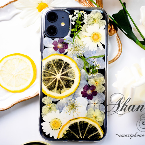 ☆特別価格☆ハートレモン 押し花ケース ☆ レモンと花のしずく 押し花 スマホケース 押し花スマホケース 全