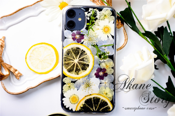 レモンと花のしずく 押し花 スマホケース 押し花スマホケース 全機種対応 iPhone 16 15 14 Galaxy 9枚目の画像