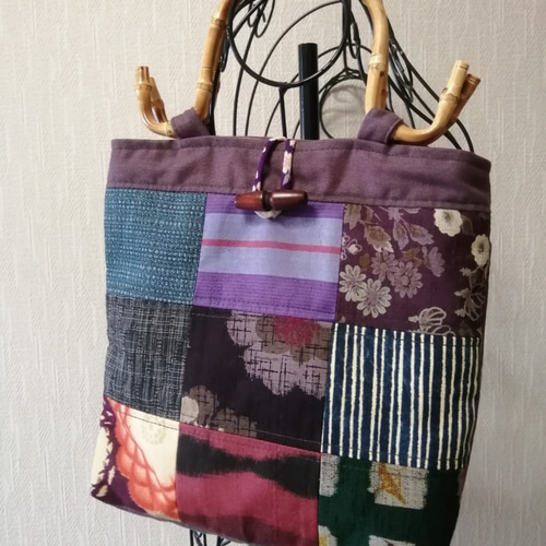 和風パッチワーク風☆竹の持ち手☆手提げバック トートバッグ