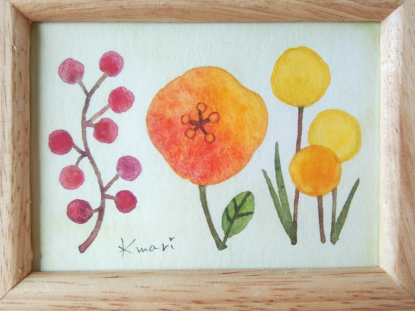 木の実と北欧花＊フレーム付きですぐに飾れる小さな原画＊ 4枚目の画像