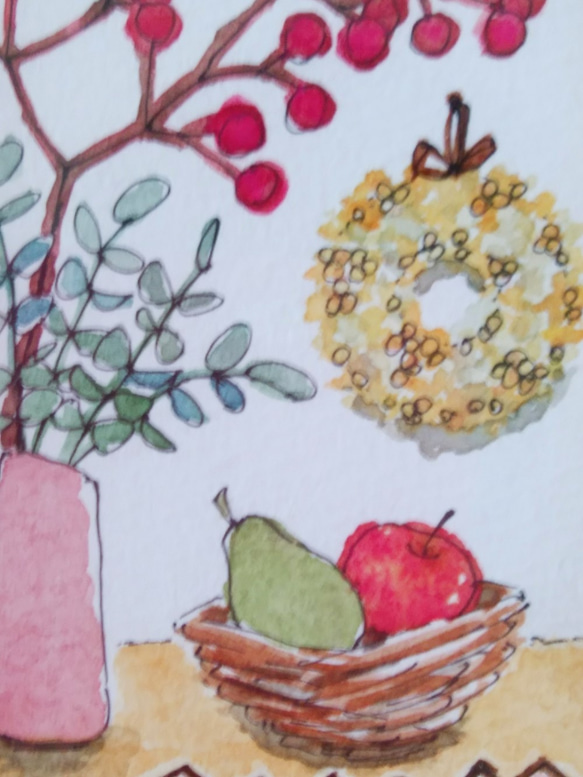 木の実＊リース＊果物たち＊フレーム付きですぐに飾れる小さな原画＊ 3枚目の画像