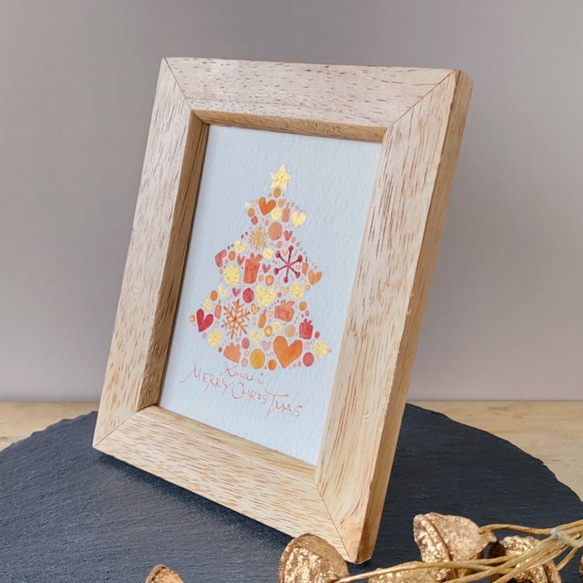 オレンジのクリスマスツリー＊フレーム付きですぐに飾れる小さな原画 2枚目の画像