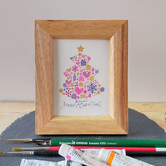 パープルのクリスマスツリー＊フレーム付きですぐに飾れる小さな原画 1枚目の画像