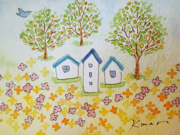 お花畑と小さな家＊フレーム付きですぐに飾れる小さな原画＊ 2枚目の画像