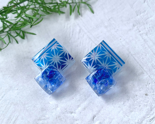 和風レジン＊四角青 ピアス/イヤリング ピアス（スタッド・一粒