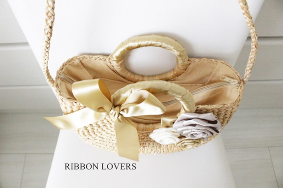 【送料無料】リボンの薔薇の花カゴバッグS(ｼｮﾙﾀﾞｰ･ﾌｧｽﾅｰ付き・ゴールド) 2枚目の画像