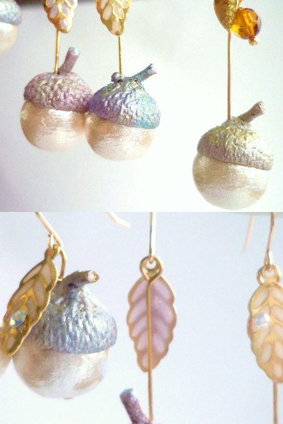 14KGF)どんぐりピアス/Acorn Earrings*Cotton Pearl*(白系) 2枚目の画像