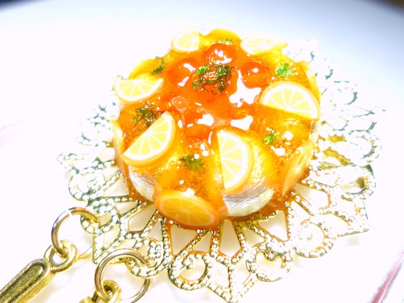 オレンジタルト ミントリーフ添え コットンパールブローチOrange Tart Broach 2枚目の画像