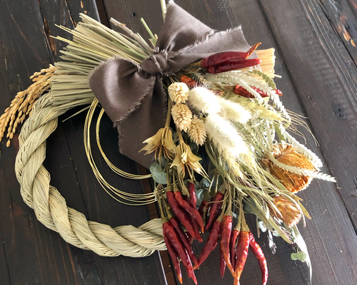 スパイスのドライフラワースワッグ しめ縄 唐辛子 しめ縄・しめ飾り