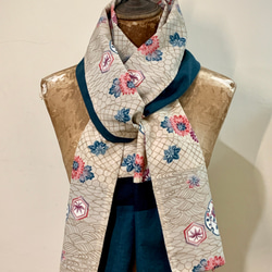 スカーフNo.263*點色*設計師純手作日本古董布料孔雀藍紫色四季花草撞色圍巾 披肩 第3張的照片