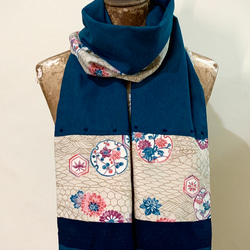 スカーフNo.263*點色*設計師純手作日本古董布料孔雀藍紫色四季花草撞色圍巾 披肩 第6張的照片