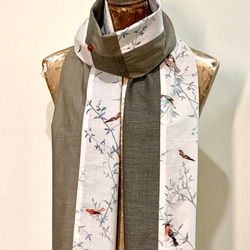 スカーフNo.125*婉囀*設計師手作灰色拼接撞色手繪感花葉鳥純棉圍巾 披肩 第5張的照片