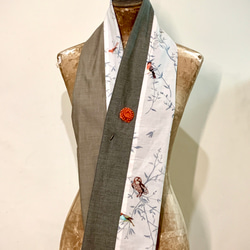 スカーフNo.125*婉囀*設計師手作灰色拼接撞色手繪感花葉鳥純棉圍巾 披肩 第8張的照片