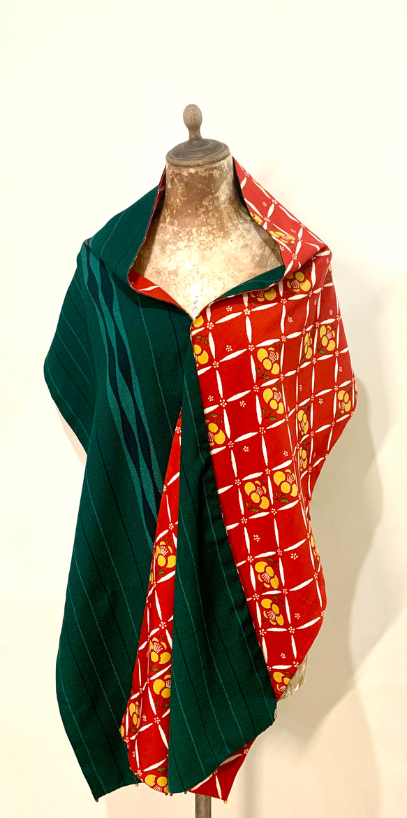 スカーフNo.266*怡紅快綠*設計師手作日本古董毛料橘紅深綠撞色拼接聖誕結到過新年都適用圍巾 披肩 第2張的照片