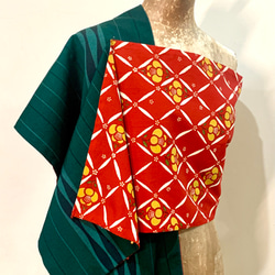 スカーフ No.266*Yihongfastgreen*デザイナー手作り日本アンティークウールオレンジレッドダークグリーンコント 6枚目の画像