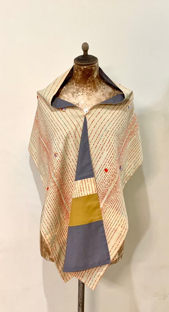 スカーフNo.274*希望*設計師手作古董日本幾何手繪感條紋幻彩飛碟鑽灰橘撞色拼接圍巾 披肩 第5張的照片