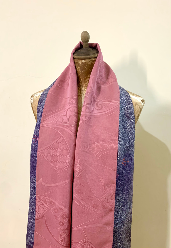 スカーフNo.275*雨中翱翔*設計師手作古董日本立體粉紫古典圖案織紋抽象紫色點點鳥飛翔圍巾 披肩 第2張的照片