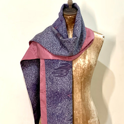 スカーフNo.275*雨中翱翔*設計師手作古董日本立體粉紫古典圖案織紋抽象紫色點點鳥飛翔圍巾 披肩 第6張的照片