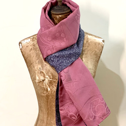 スカーフNo.275*雨中翱翔*設計師手作古董日本立體粉紫古典圖案織紋抽象紫色點點鳥飛翔圍巾 披肩 第9張的照片