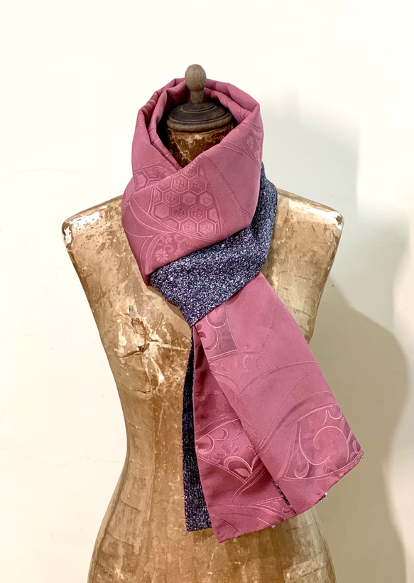 スカーフNo.275*雨中翱翔*設計師手作古董日本立體粉紫古典圖案織紋抽象紫色點點鳥飛翔圍巾 披肩 第9張的照片