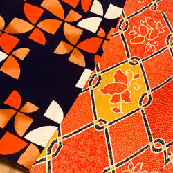 スカーフNo.282*送給自己的禮物*設計師手作日本古董撞色橘藍色風車圖騰花卉圍巾 披肩 第9張的照片