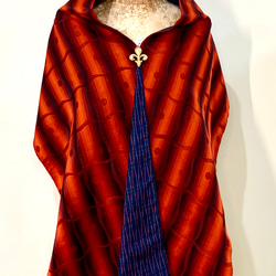 スカーフNo.283*紅色律動*設計師手作日本古董高質感織布幾何波紋圓點紅色漸層撞色藏青圍巾 披肩 第2張的照片