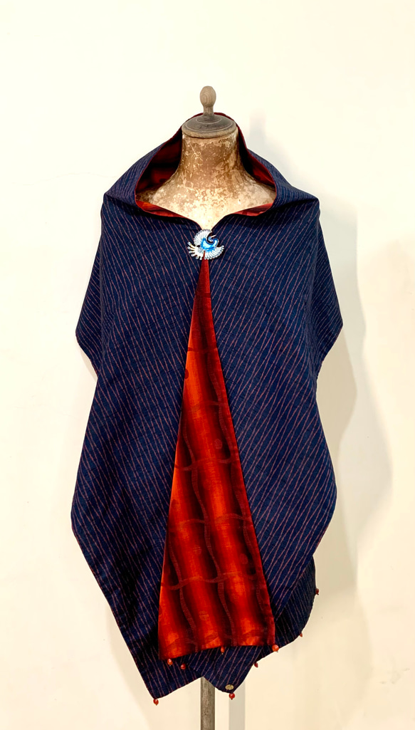 スカーフNo.283*紅色律動*設計師手作日本古董高質感織布幾何波紋圓點紅色漸層撞色藏青圍巾 披肩 第3張的照片