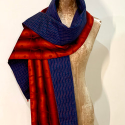 スカーフNo.283*紅色律動*設計師手作日本古董高質感織布幾何波紋圓點紅色漸層撞色藏青圍巾 披肩 第6張的照片