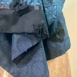 スカーフNo.286*來跳舞吧*設計師手作日本古董大島紬藍色華麗宮廷風幾何織布蕾絲蝴蝶圍巾 披肩 第2張的照片