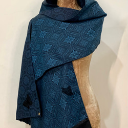 スカーフNo.286 *踊りに来てください*デザイナー手作り日本アンティーク大島紬ブルーゴージャスなパレススタイル幾何学的な織り 5枚目の画像