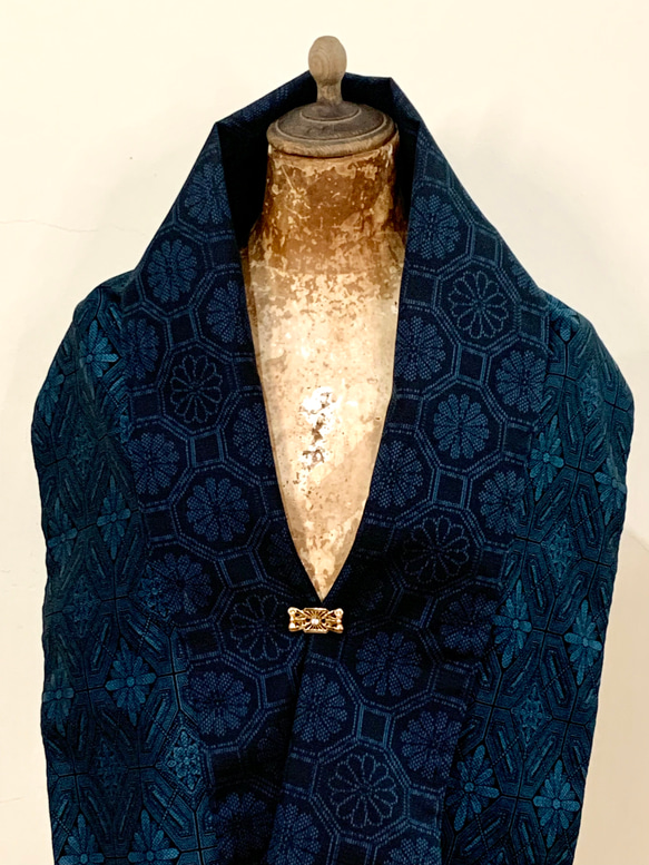 スカーフNo.286*來跳舞吧*設計師手作日本古董大島紬藍色華麗宮廷風幾何織布蕾絲蝴蝶圍巾 披肩 第9張的照片