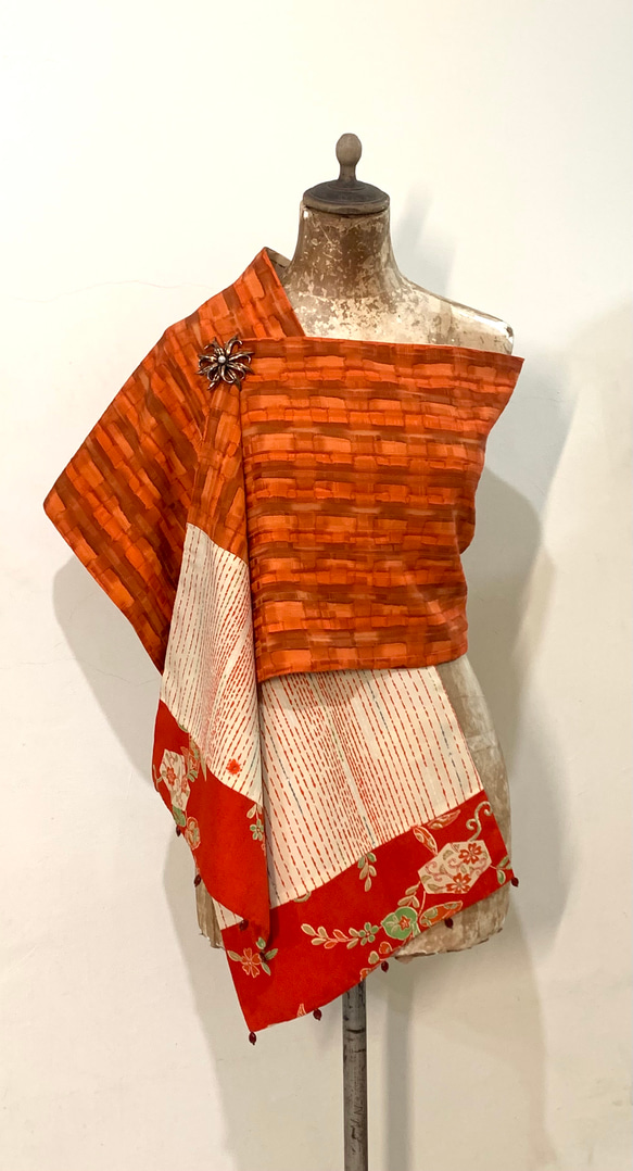 スカーフNo.291 *晩秋の散歩**デザイナー手作り日本アンティークオレンジドット花水彩幾何学模様スカーフショール 3枚目の画像