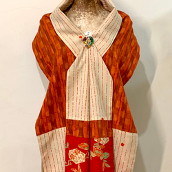 スカーフNo.291 *晩秋の散歩**デザイナー手作り日本アンティークオレンジドット花水彩幾何学模様スカーフショール 4枚目の画像