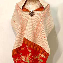 スカーフNo.291 *晩秋の散歩**デザイナー手作り日本アンティークオレンジドット花水彩幾何学模様スカーフショール 6枚目の画像