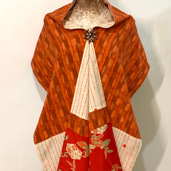 スカーフNo.291 *晩秋の散歩**デザイナー手作り日本アンティークオレンジドット花水彩幾何学模様スカーフショール 7枚目の画像