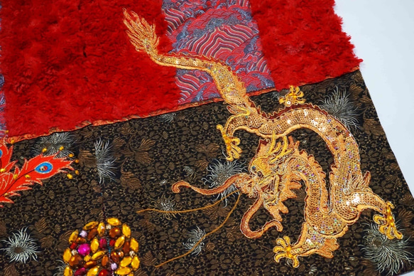 [オフセット] No.82 *女性天皇。皇后*デザイナー手作りの赤と黒の色中国風の龍と鳳凰金王室の刺繍スカーフショール 5枚目の画像