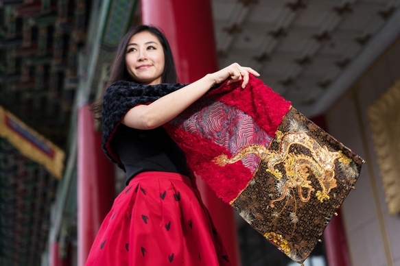 [オフセット] No.82 *女性天皇。皇后*デザイナー手作りの赤と黒の色中国風の龍と鳳凰金王室の刺繍スカーフショール 9枚目の画像