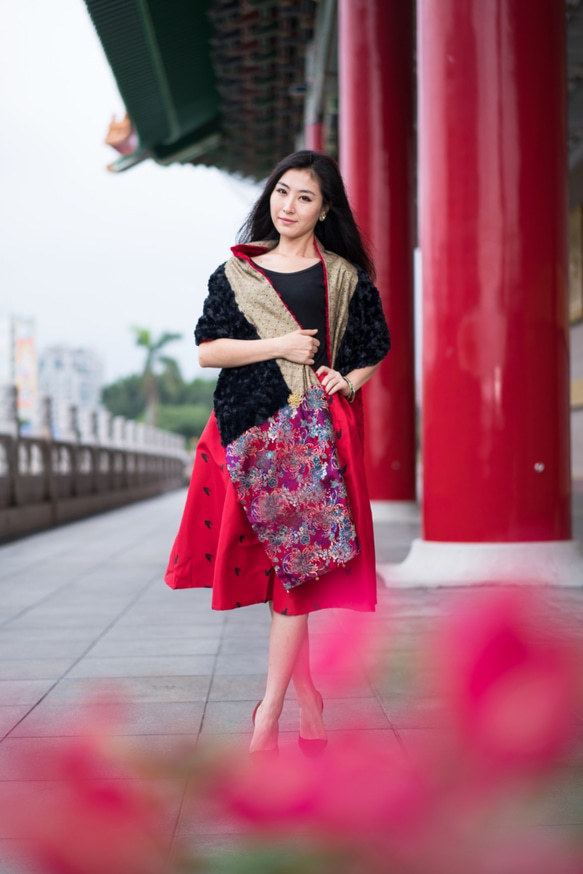 [オフセット] No.82 *女性天皇。皇后*デザイナー手作りの赤と黒の色中国風の龍と鳳凰金王室の刺繍スカーフショール 10枚目の画像