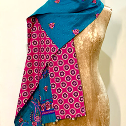 スカーフNO.62 *曼荼羅。Mandala* 民俗風立體特殊布料刺繡藍綠粉色撞色棉質圍巾 披肩 第2張的照片
