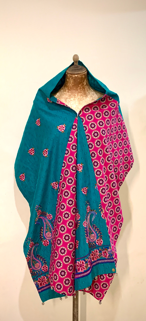 スカーフNO.62 *曼荼羅。Mandala* 民俗風立體特殊布料刺繡藍綠粉色撞色棉質圍巾 披肩 第5張的照片
