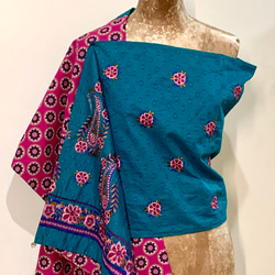 スカーフNO.62 *曼荼羅。Mandala* 民俗風立體特殊布料刺繡藍綠粉色撞色棉質圍巾 披肩 第6張的照片