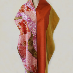 [SOLD]襟巻き.マフラー.スカーフNo.175 *薰風* 設計師手作粉紅櫻花金色方塊古典和風圍巾 披肩 第8張的照片
