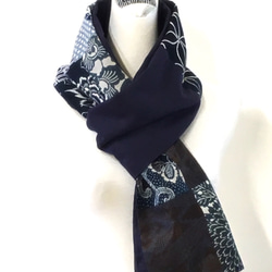 [SOLD] スカーフNo.184 *榴色*日本古董布藍染型染拼接花卉深藍咖啡傳統織紋純棉圍巾 第9張的照片