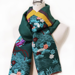 【SOLD】スカーフNo.217 *Liuquan* デザイナー手作り日本製京織物 青緑四季の花 クラシカルパープル 秋の香り 1枚目の画像
