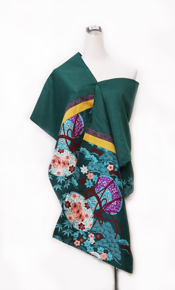 【SOLD】スカーフNo.217 *Liuquan* デザイナー手作り日本製京織物 青緑四季の花 クラシカルパープル 秋の香り 2枚目の画像