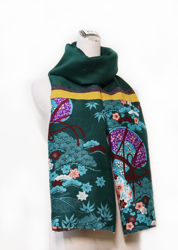 【SOLD】スカーフNo.217 *Liuquan* デザイナー手作り日本製京織物 青緑四季の花 クラシカルパープル 秋の香り 5枚目の画像