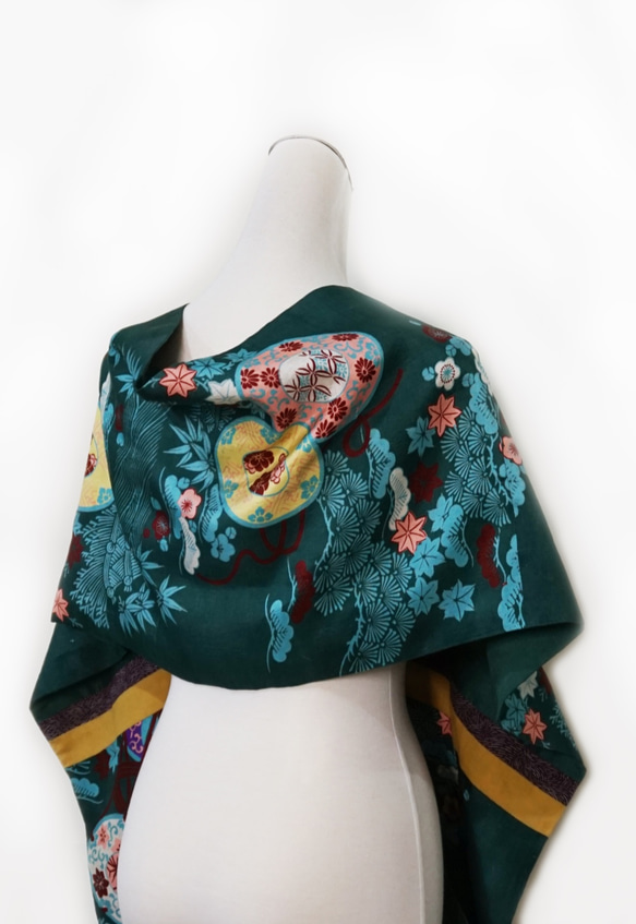 【SOLD】スカーフNo.217 *Liuquan* デザイナー手作り日本製京織物 青緑四季の花 クラシカルパープル 秋の香り 7枚目の画像