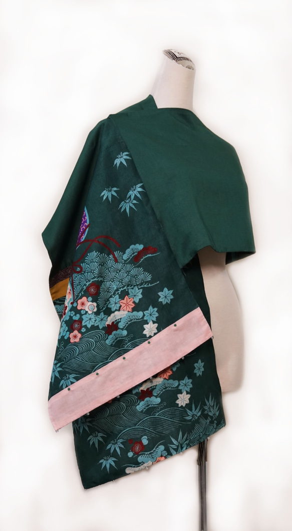 [SOLD] スカーフNo.217 *流泉*設計師手作日本京都布料藍綠色四季花卉古典紫色秋香撞色拼接圍巾 披肩 第8張的照片